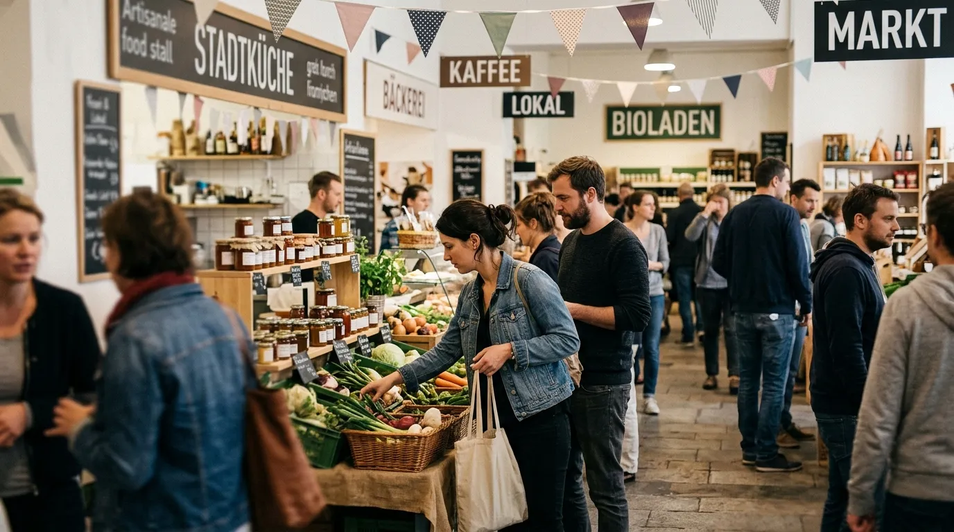 Clients shopping dans un marché bio avec produits frais locaux