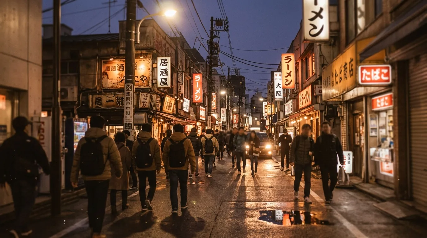 Rue commerçante japonaise illuminée avec restaurants ramen et foule