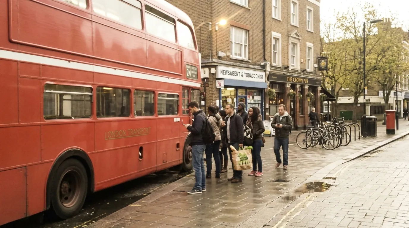 Passagers attendant un bus rouge à impériale londonien en rue