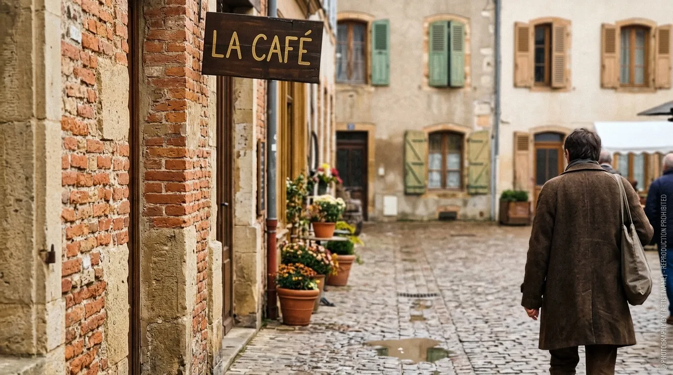 Homme marche vers un café en Toscane, architecture ancienne