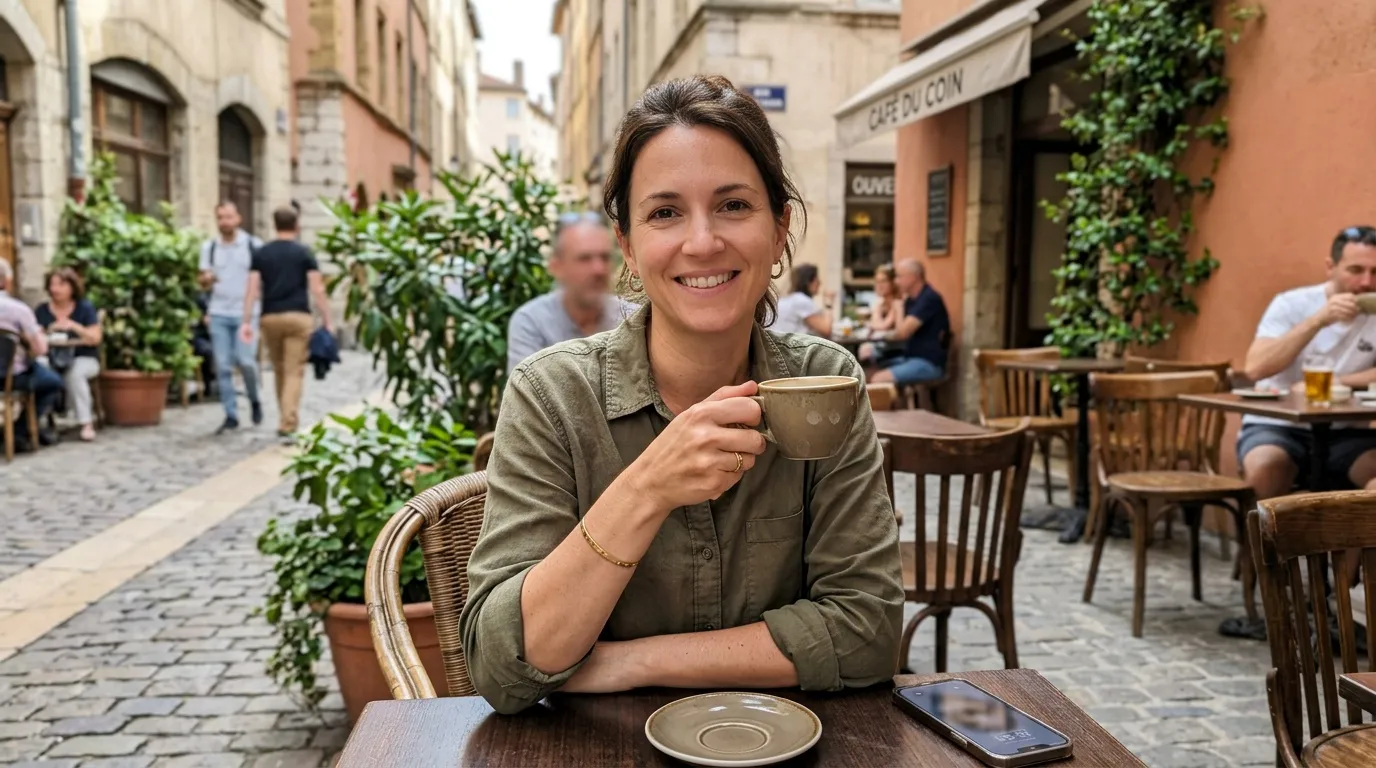 Femme souriante prenant un café en terrasse romaine