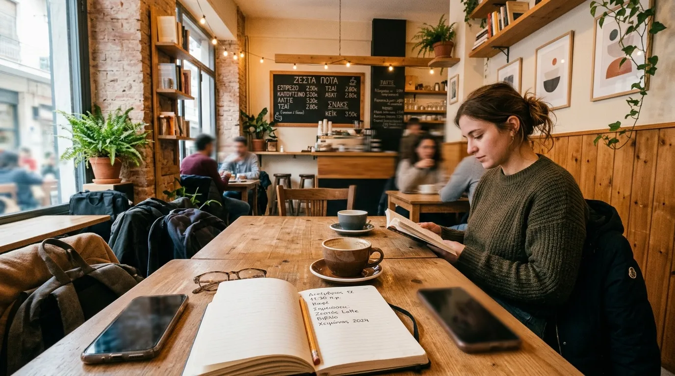 Femme lisant dans un café chaleureux avec plantes et clients