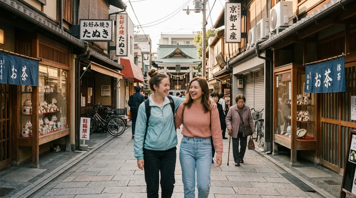 Deux femmes marchent souriantes dans une ruelle traditionnelle japonaise.