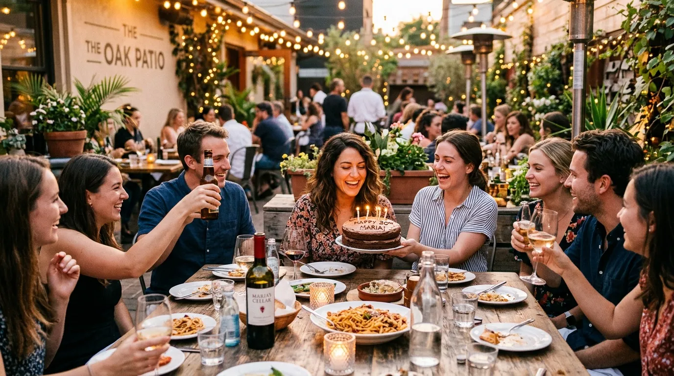Groupe d'amis célébrant un anniversaire autour d'une table décorée