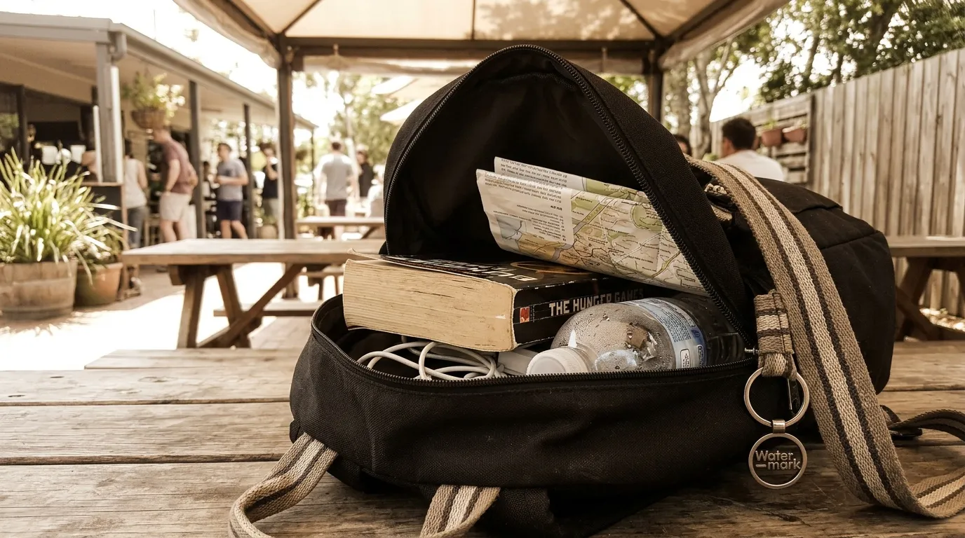 Sac noir ouvert contenant livre, carte et accessoires en terrasse