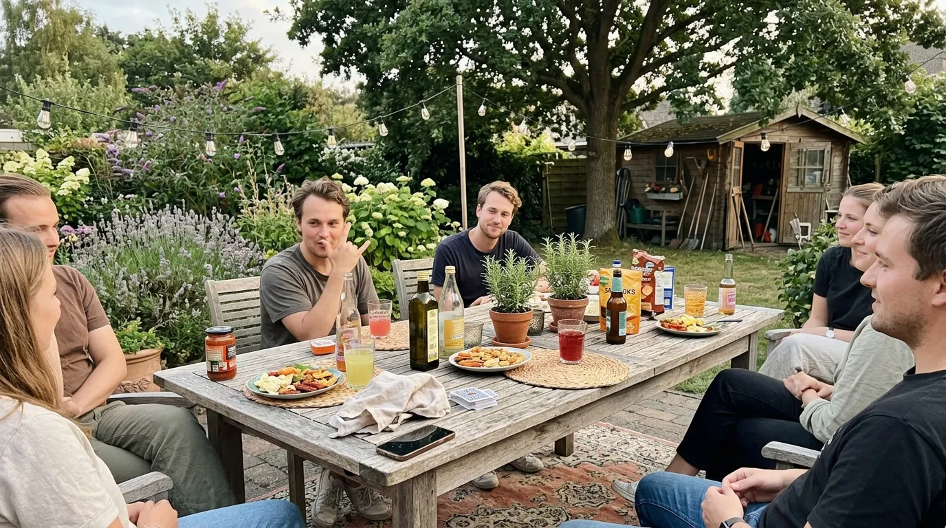 Groupe de personnes autour d'une table dans un jardin verdoyant