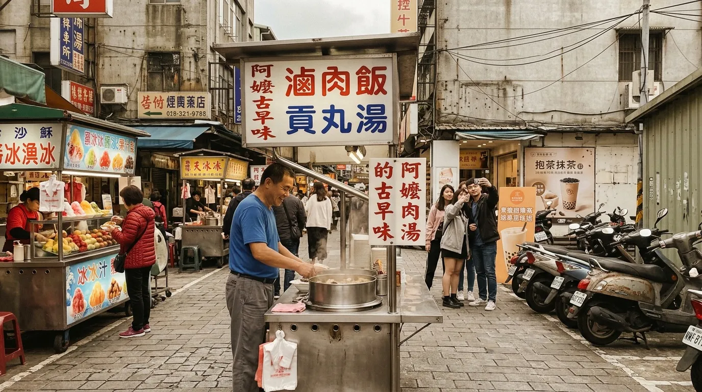 Vendeur pr&eacute;parant de la nourriture dans un march&eacute; de rue asiatique