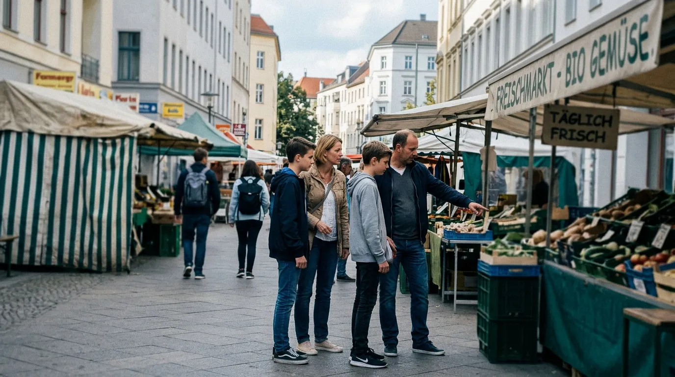 Famille visitant march&eacute; plein air avec &eacute;tals l&eacute;gumes