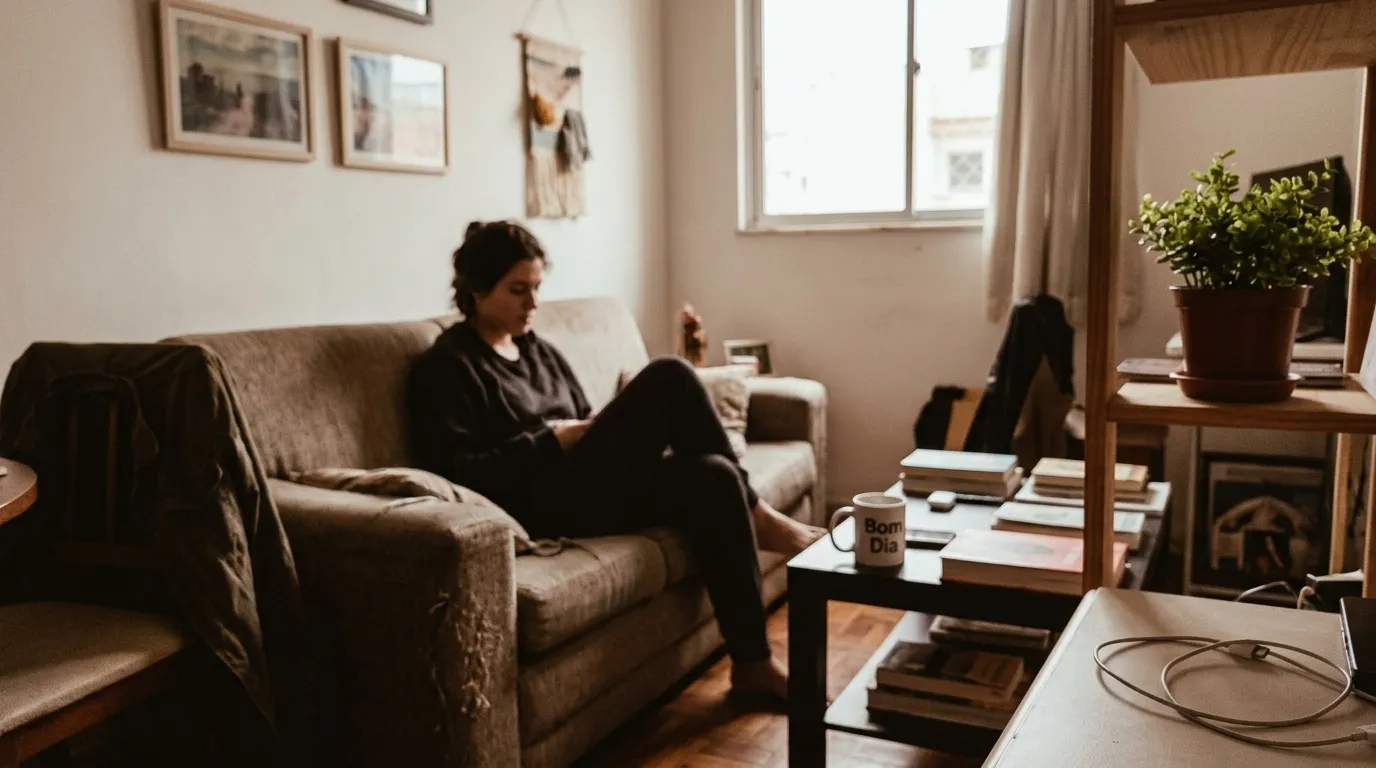 Femme allong&eacute;e sur un canap&eacute; beige dans un int&eacute;rieur lumineux