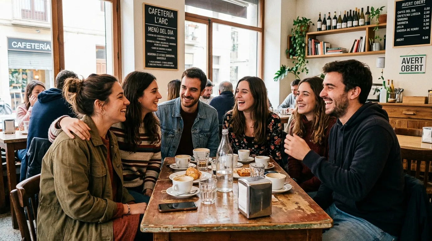 Groupe de jeunes amis souriants autour d'une table de caf&eacute;