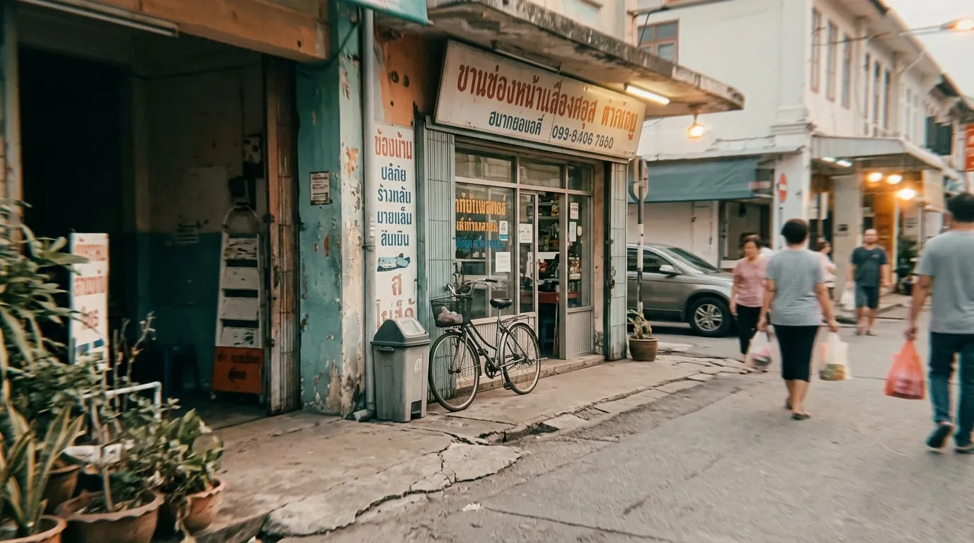 Petite boutique tha&iuml;landaise avec v&eacute;lo et passants rue anim&eacute;e