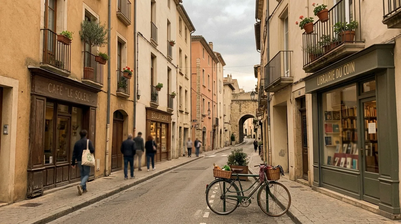 Rue pav&eacute;e europ&eacute;enne avec magasins, v&eacute;lo et passants