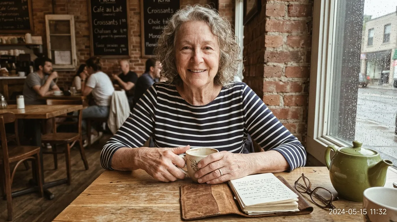 Femme &acirc;g&eacute;e souriante avec caf&eacute; dans caf&eacute; fran&ccedil;ais traditionnel