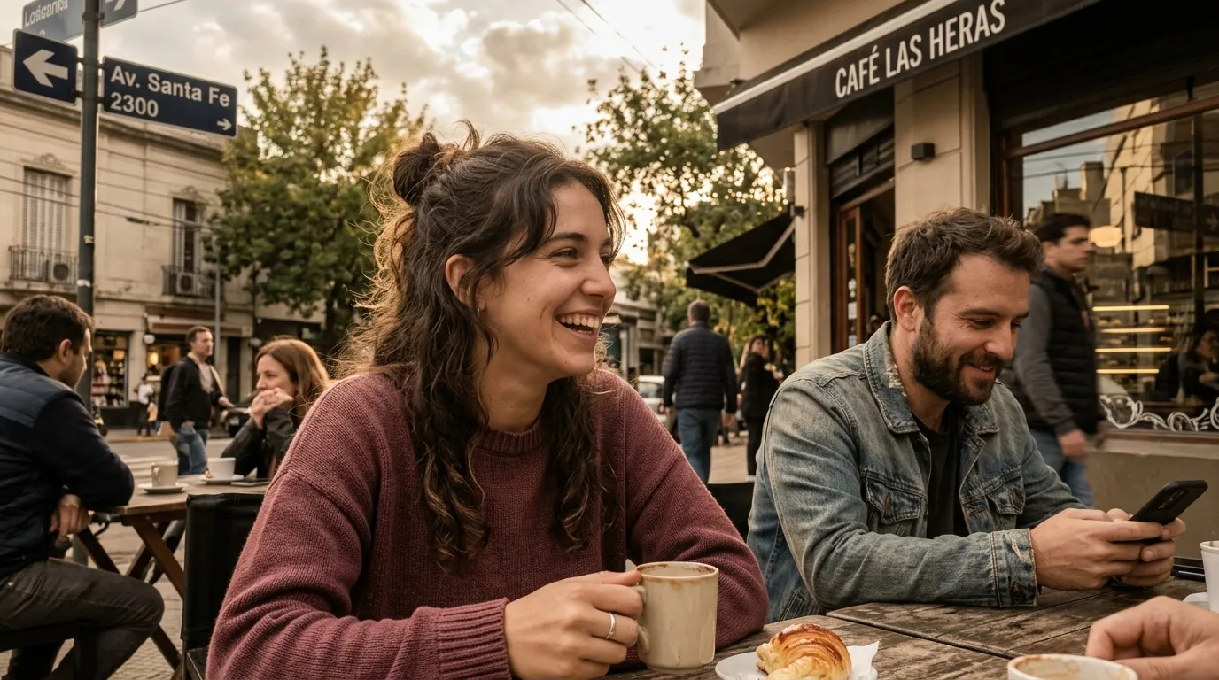 Deux personnes sourient en prenant un caf&eacute; en terrasse urbaine