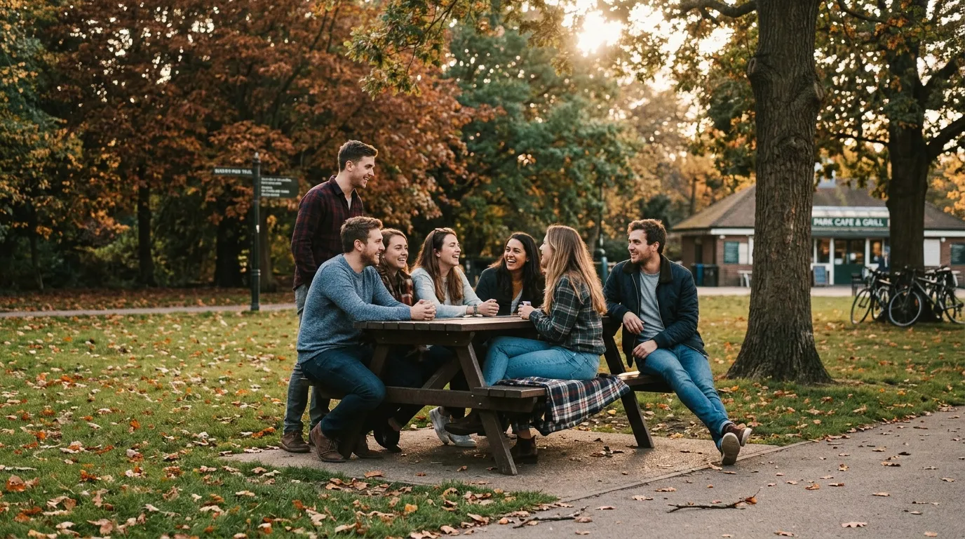 Groupe de jeunes amis souriants assis &agrave; une table de pique-nique en automne