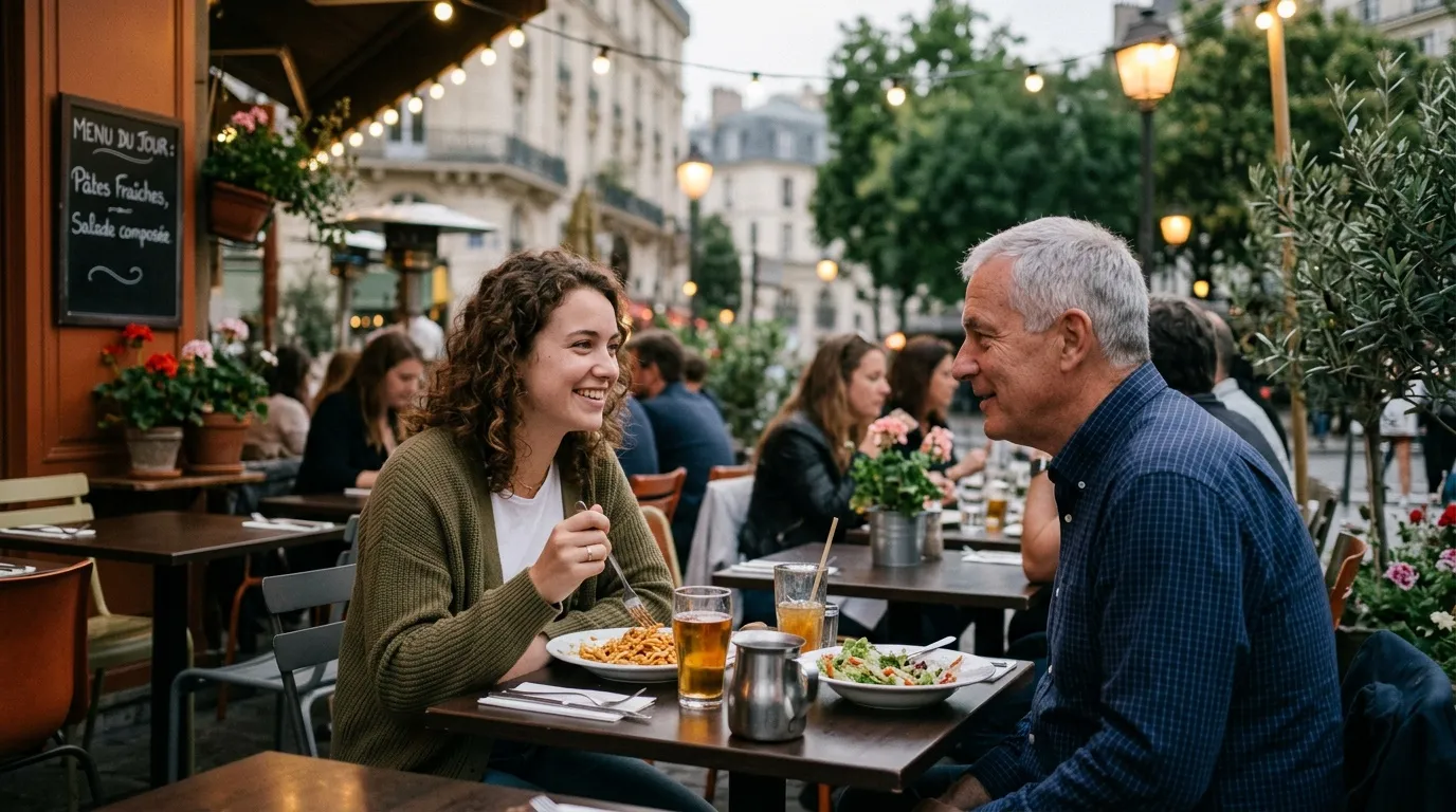 Deux personnes d&icirc;nent en terrasse dans une rue parisienne anim&eacute;e.