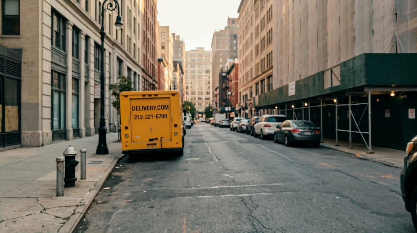 Camion jaune de livraison dans une rue new-yorkaise