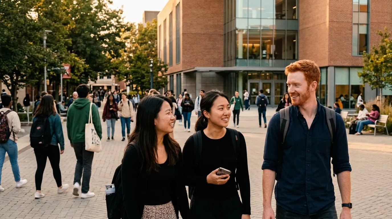 Trois étudiants souriant marchent dans cour universitaire animée