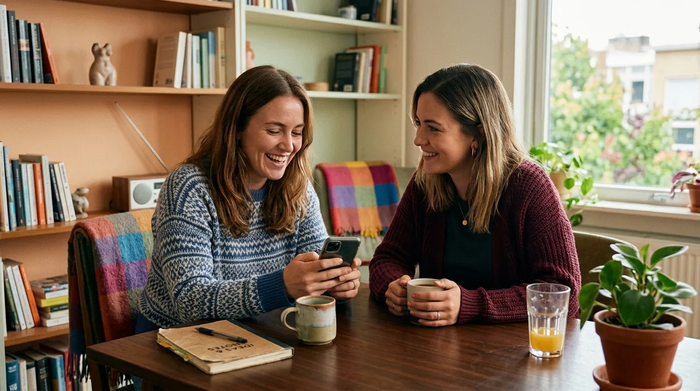 Deux femmes souriantes discutent autour d'un café dans un bureau lumineux
