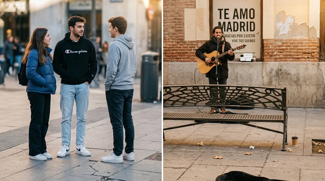 Deux scènes de rue madrilène : amis discutant et musicien jouant guitare.