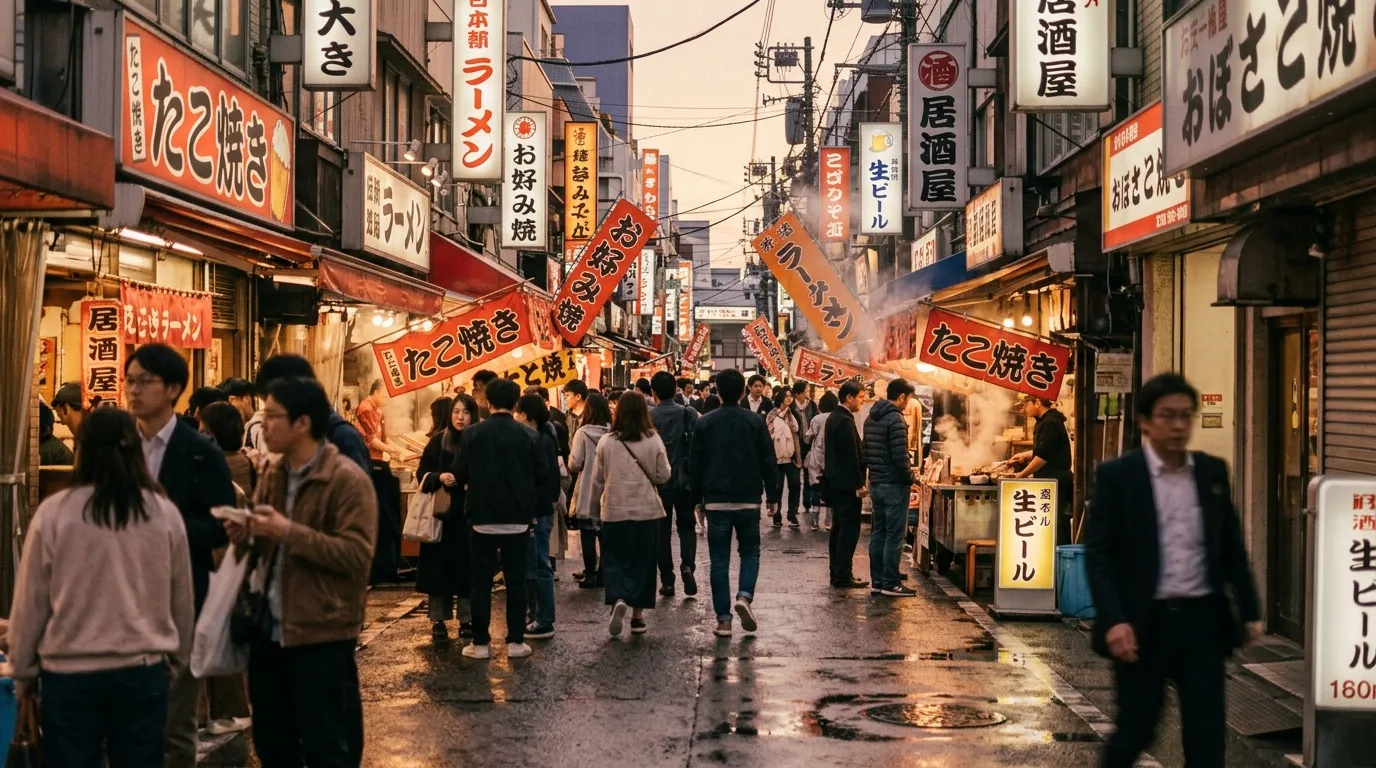 Rue commerçante japonaise bondée avec enseignes lumineuses rouges