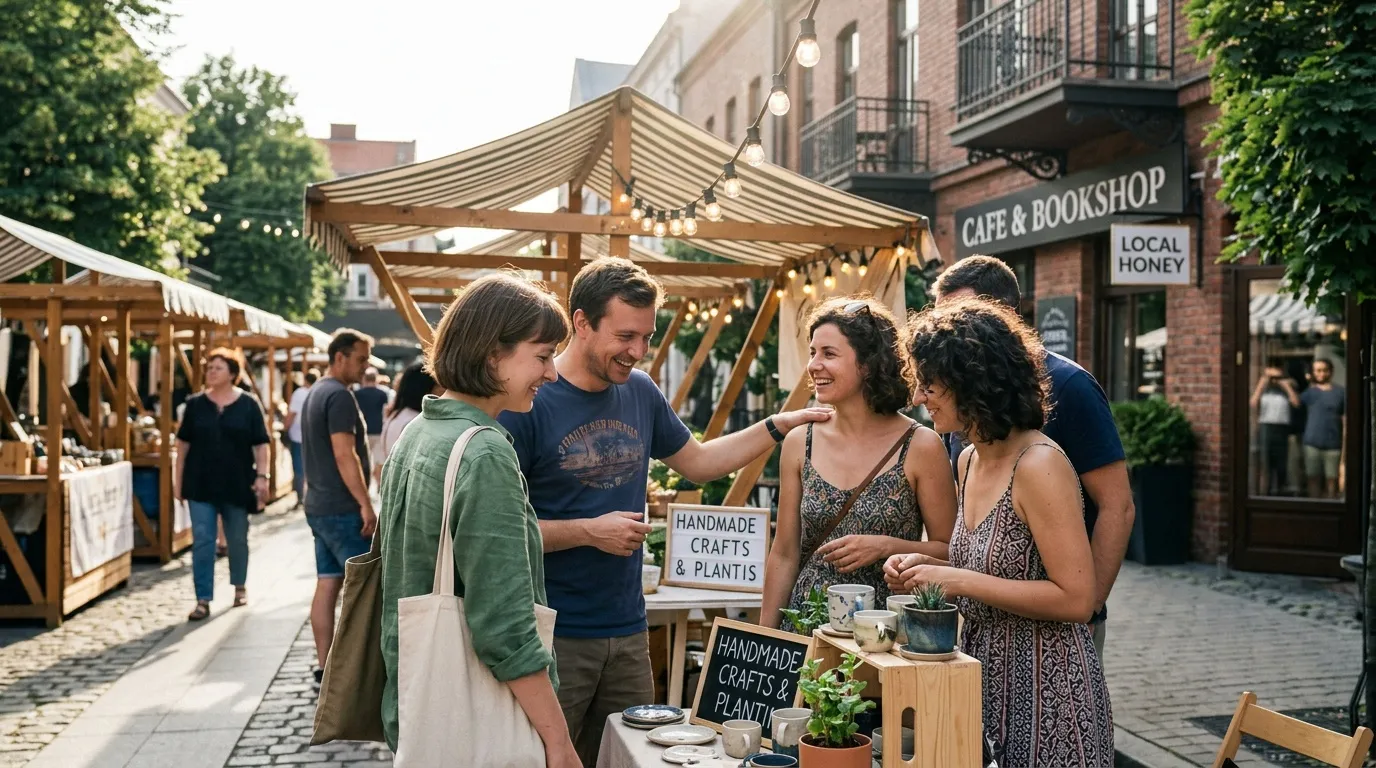 Groupe de personnes visitant un marché avec stands de produits artisanaux