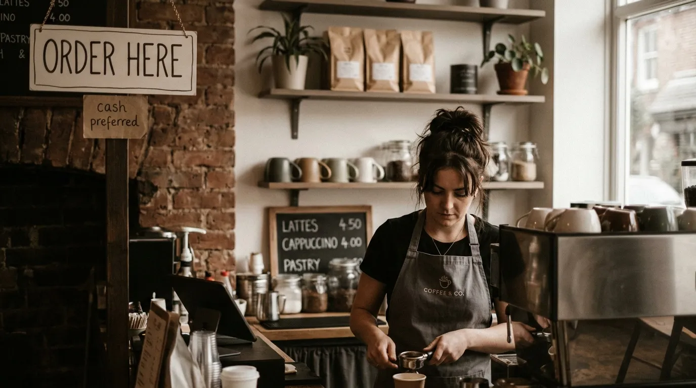 Jeune barista en tablier gris préparant une boisson dans un café cosy.