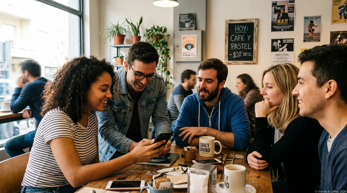 Groupe de jeunes adultes discutant autour d'une table dans un café