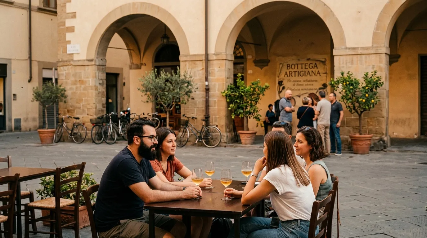 Quatre amis dégustent du vin dans une cour italienne historique