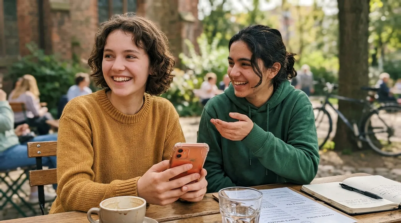 Deux jeunes femmes rient en regardant un t&eacute;l&eacute;phone en terrasse.