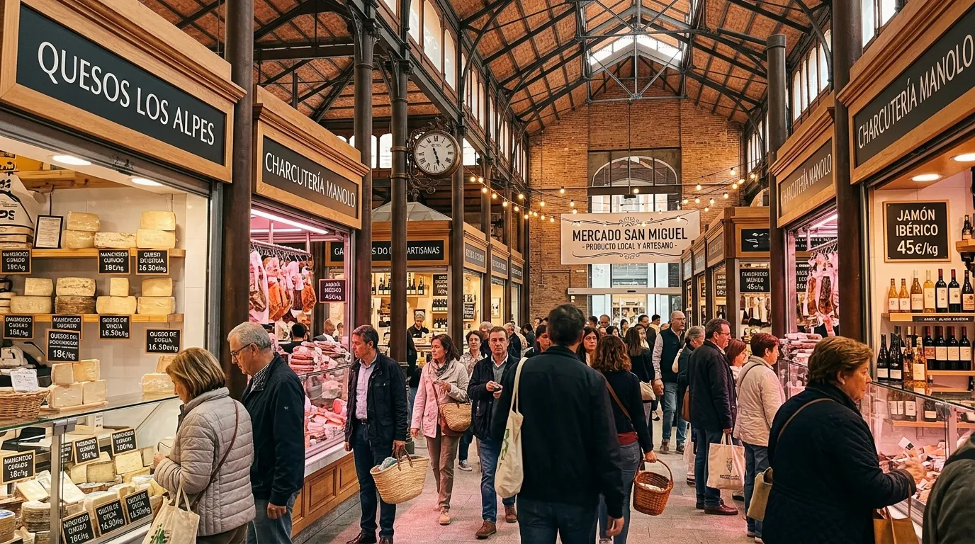 March&eacute; couvert avec &eacute;tals de fromages, charcuterie et vin espagnols