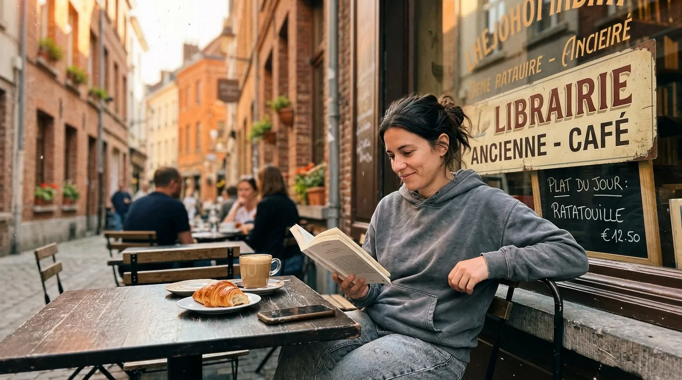 Femme lisant un livre &agrave; une terrasse de caf&eacute; parisien