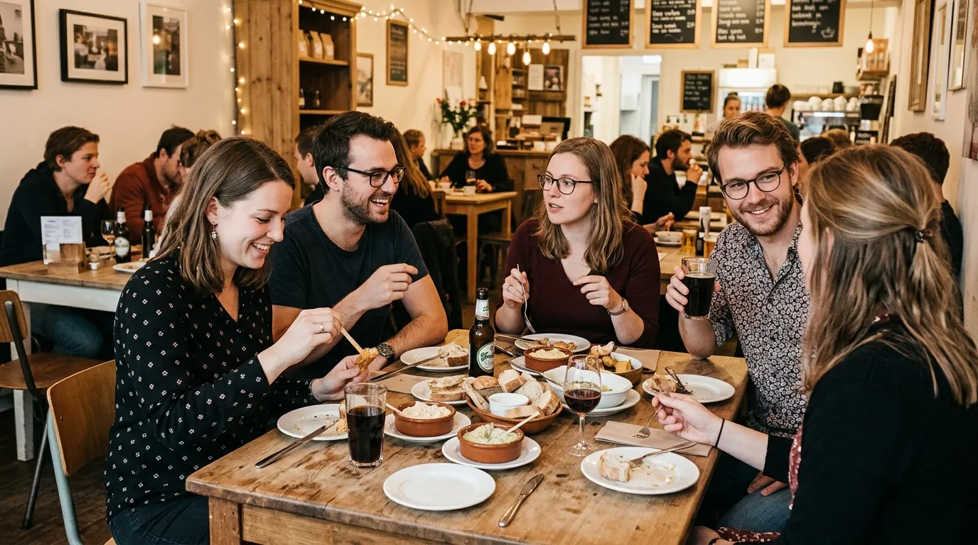 Groupe de jeunes gens riant autour d'une table au restaurant