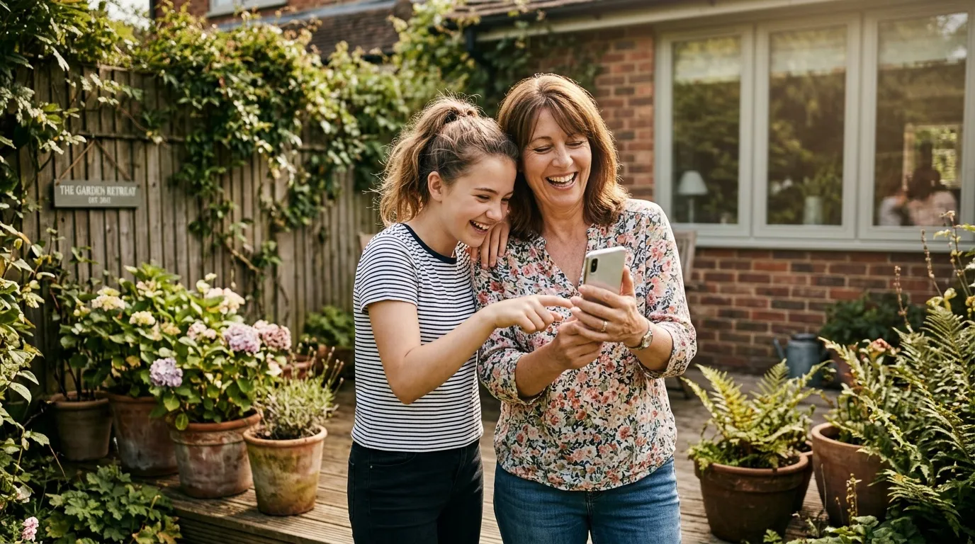 Femme et jeune fille rient ensemble en regardant un t&eacute;l&eacute;phone dans un jardin