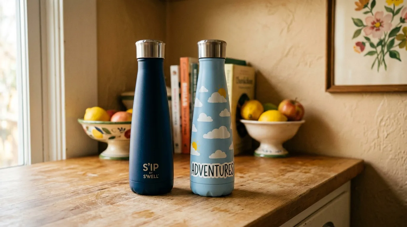 Deux bouteilles r&eacute;utilisables bleu marine et bleu ciel sur comptoir bois