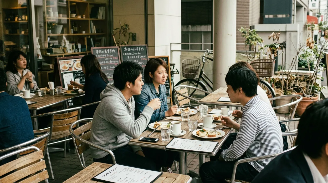 Groupe de jeunes gens discutant autour d'une table en terrasse