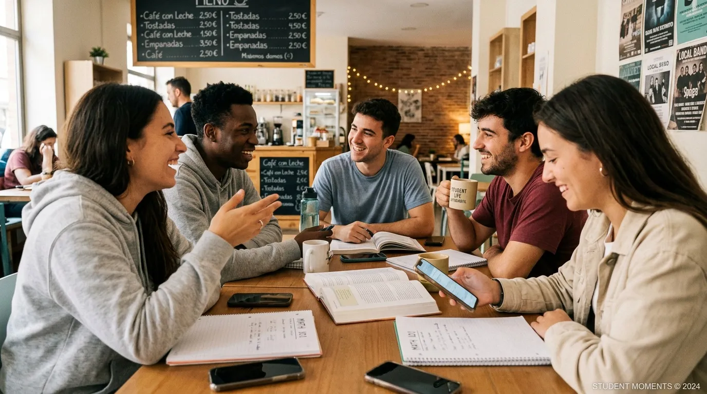 Groupe de six &eacute;tudiants souriants &eacute;tudiant autour d'une table