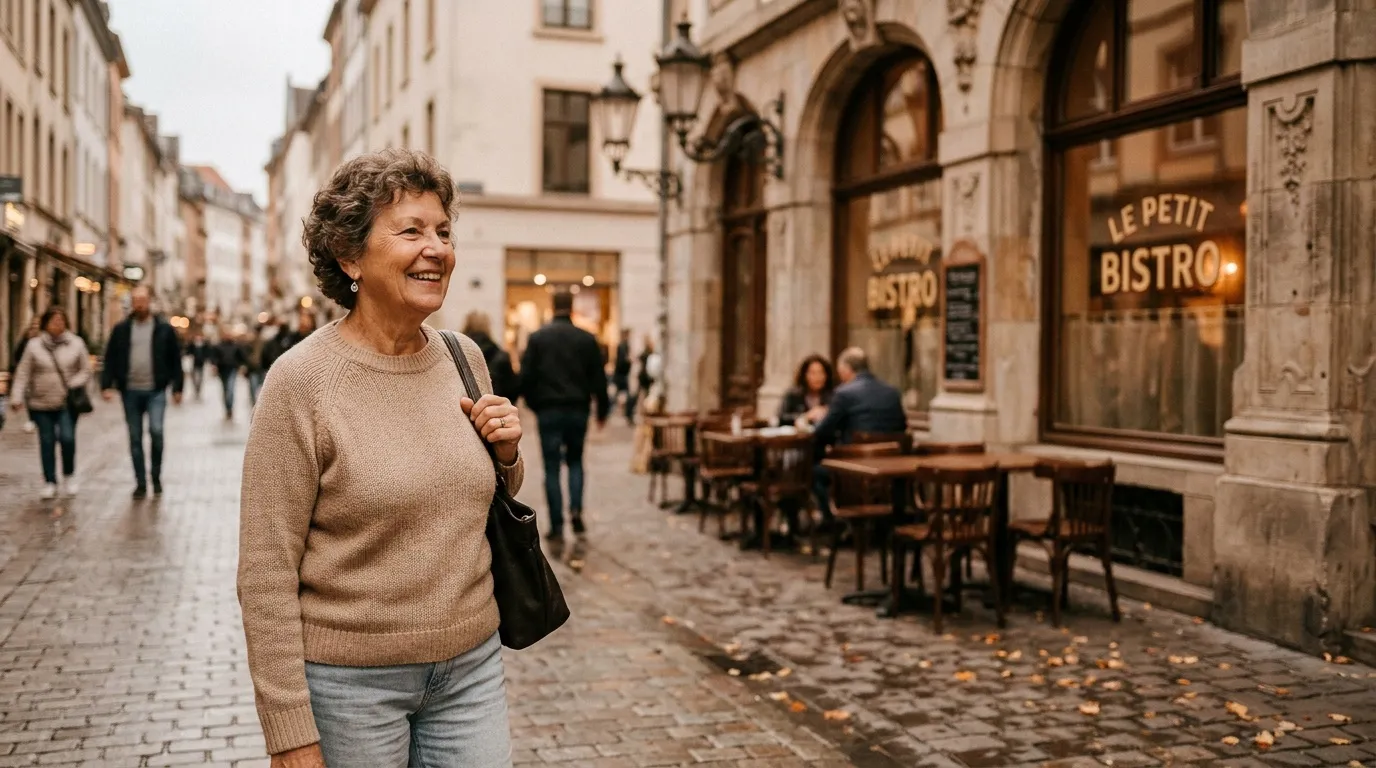 Femme souriante marchant dans une rue pav&eacute;e europ&eacute;enne historique