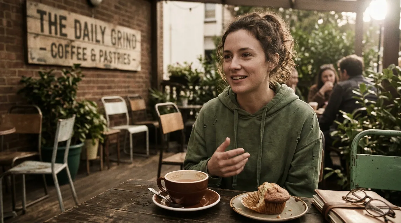 Femme souriante au caf&eacute; avec boisson et p&acirc;tisserie