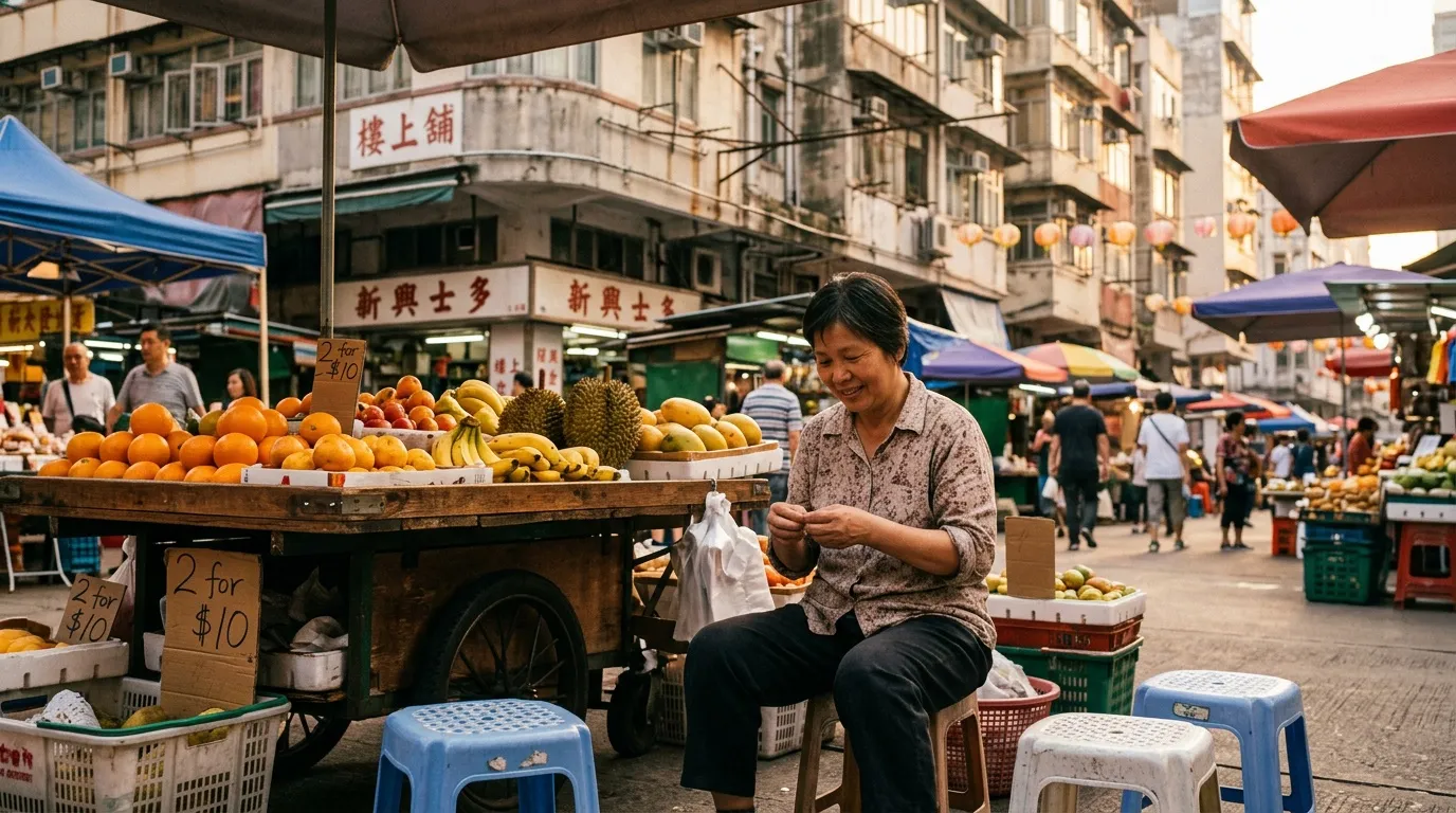 Vendeur souriante au march&eacute; de fruits asiatique color&eacute;