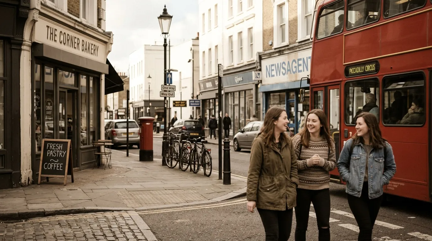 Trois femmes marchent joyeusement dans une rue londonienne avec bus rouge