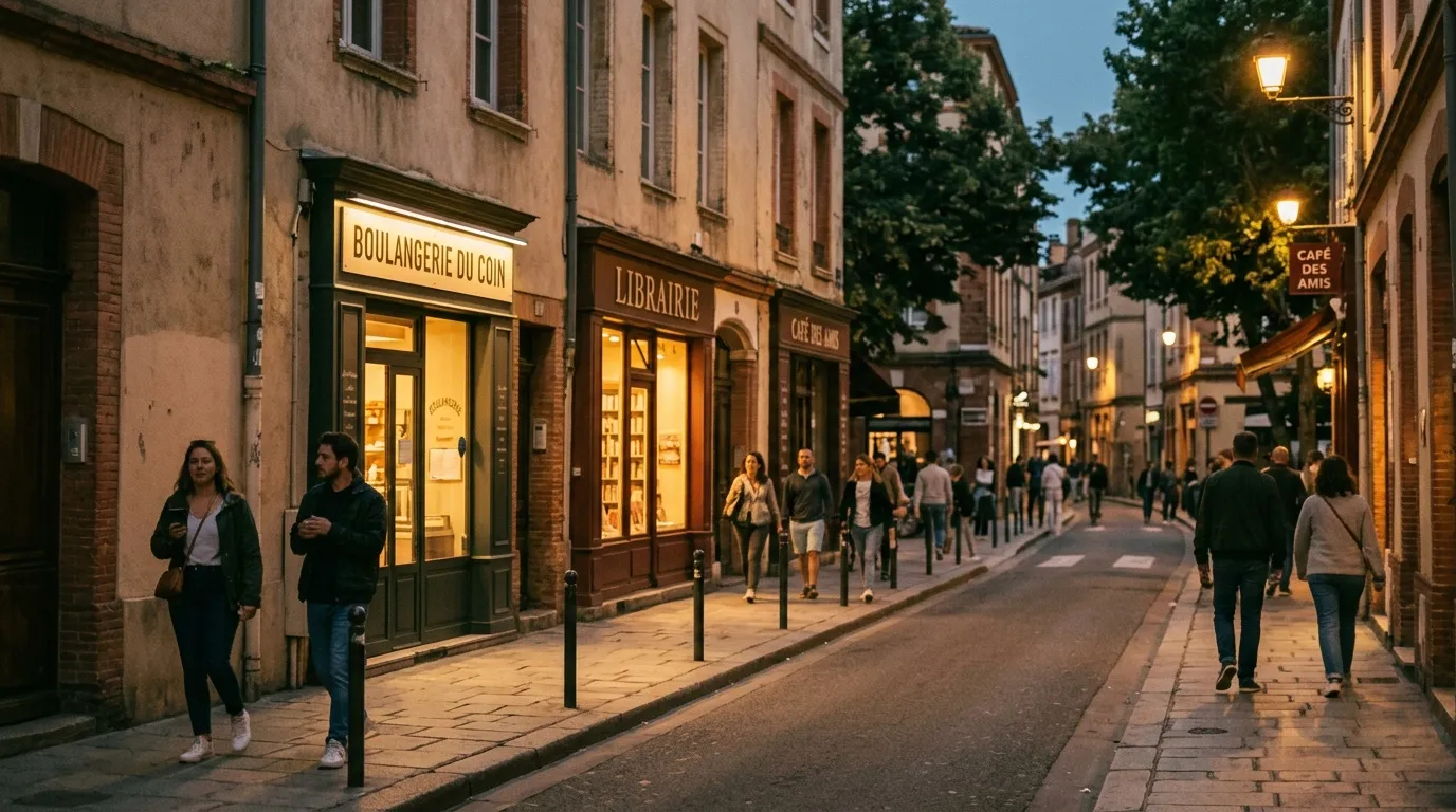 Rue pav&eacute;e fran&ccedil;aise avec boutiques illumin&eacute;es et passants