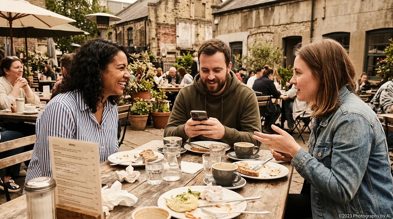 Trois amis discutent autour d'un caf&eacute; en terrasse historique