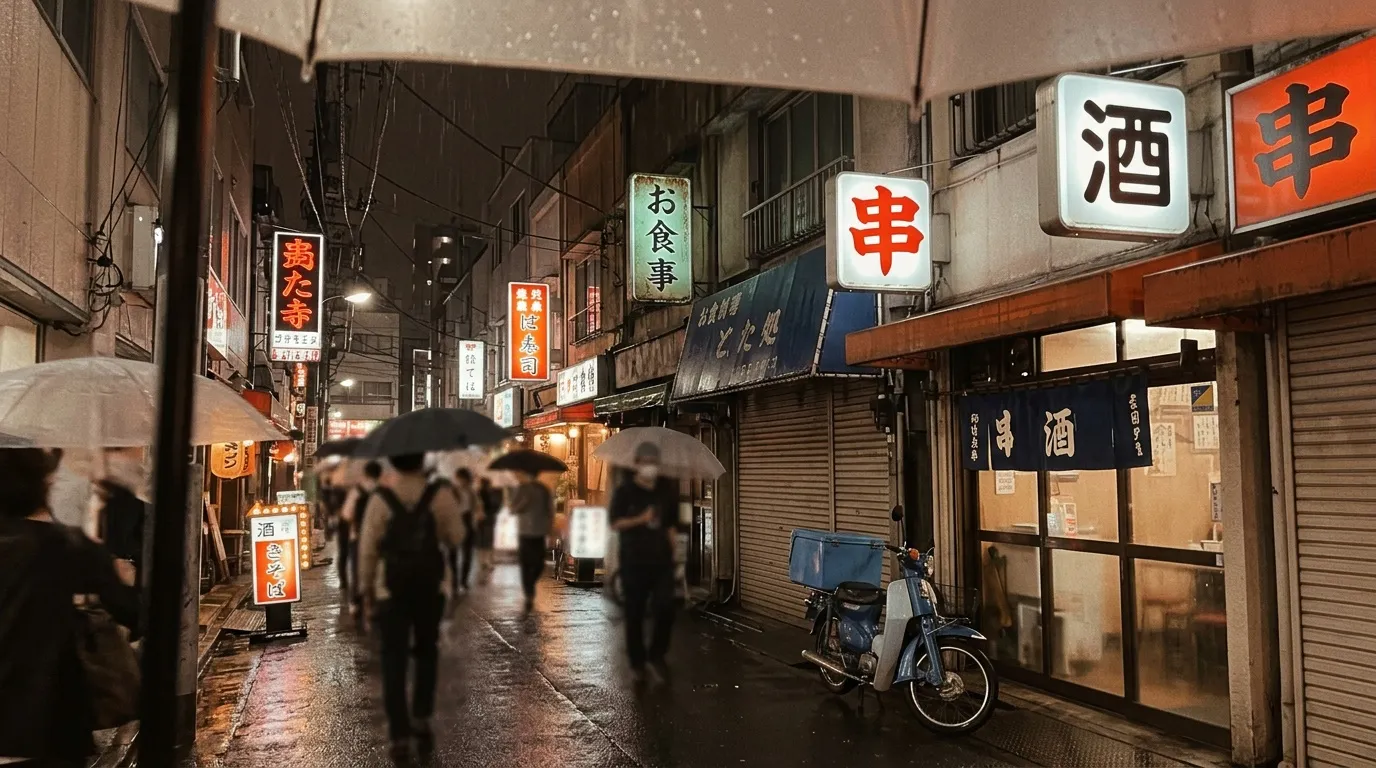 Petite rue asiatique la nuit avec enseignes lumineuses japonaises