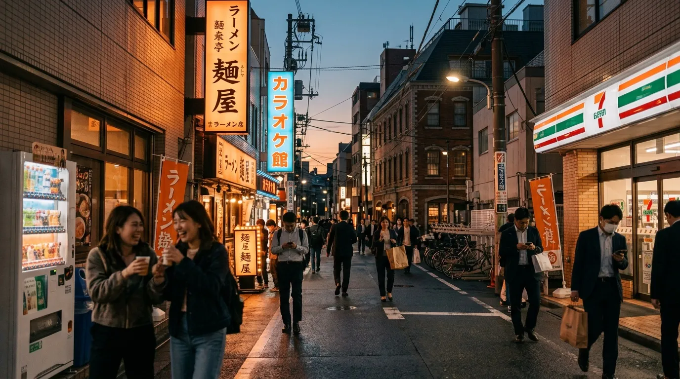 Rue pi&eacute;tonne japonaise illumin&eacute;e avec commerces et passants.