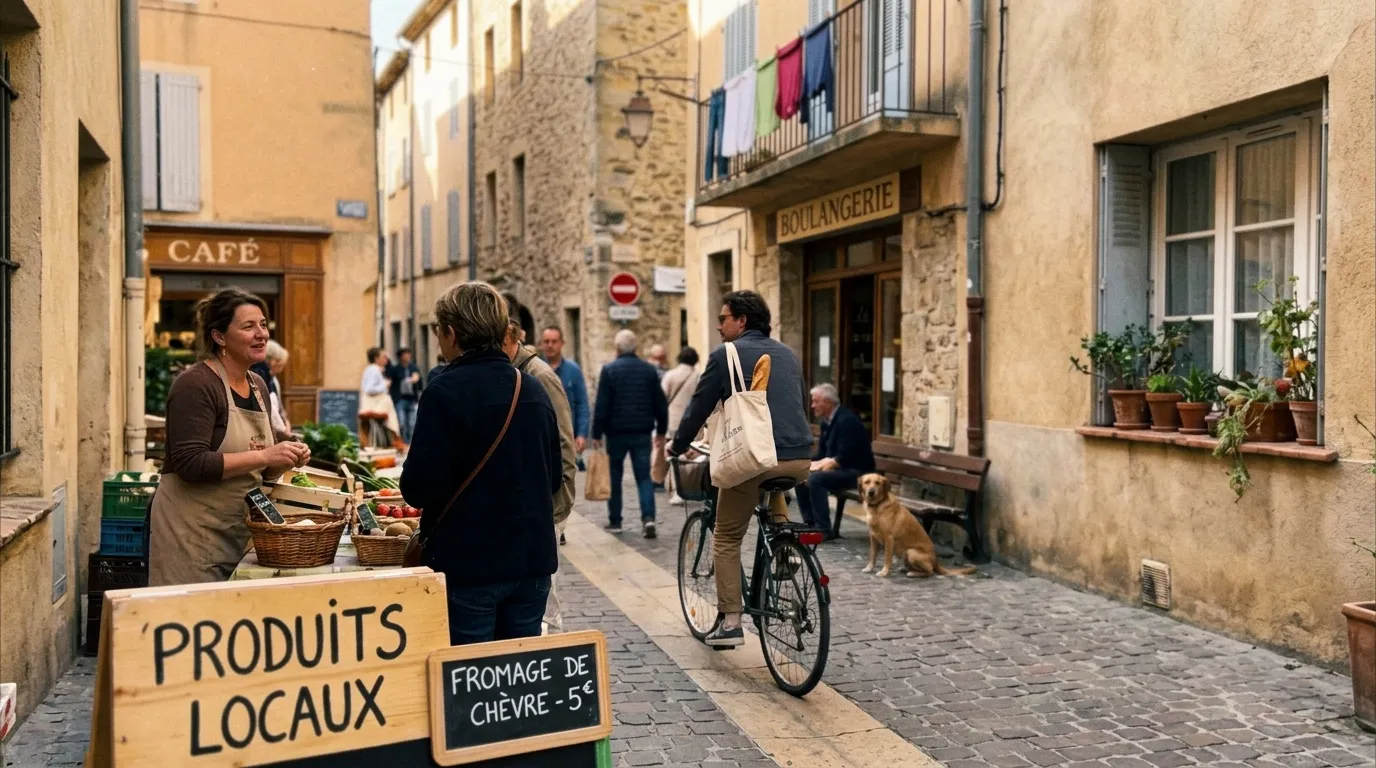 Vendeur de produits locaux dans une ruelle pav&eacute;e m&eacute;diterran&eacute;enne