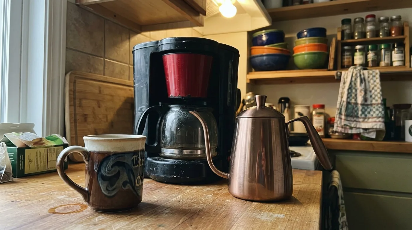 Cafeti&egrave;re noire, tasse et th&eacute;i&egrave;re sur plan de travail en bois
