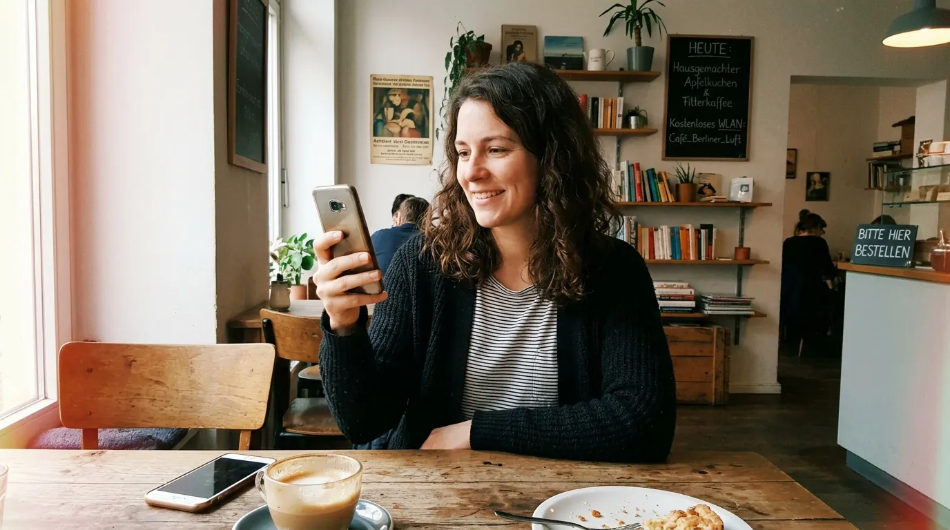 Femme souriante prenant une photo avec son t&eacute;l&eacute;phone dans un caf&eacute;