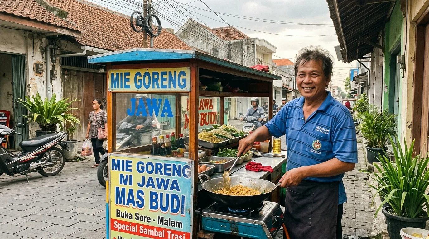 Homme souriant devant son petit restaurant de nouilles frites indon&eacute;siennes.