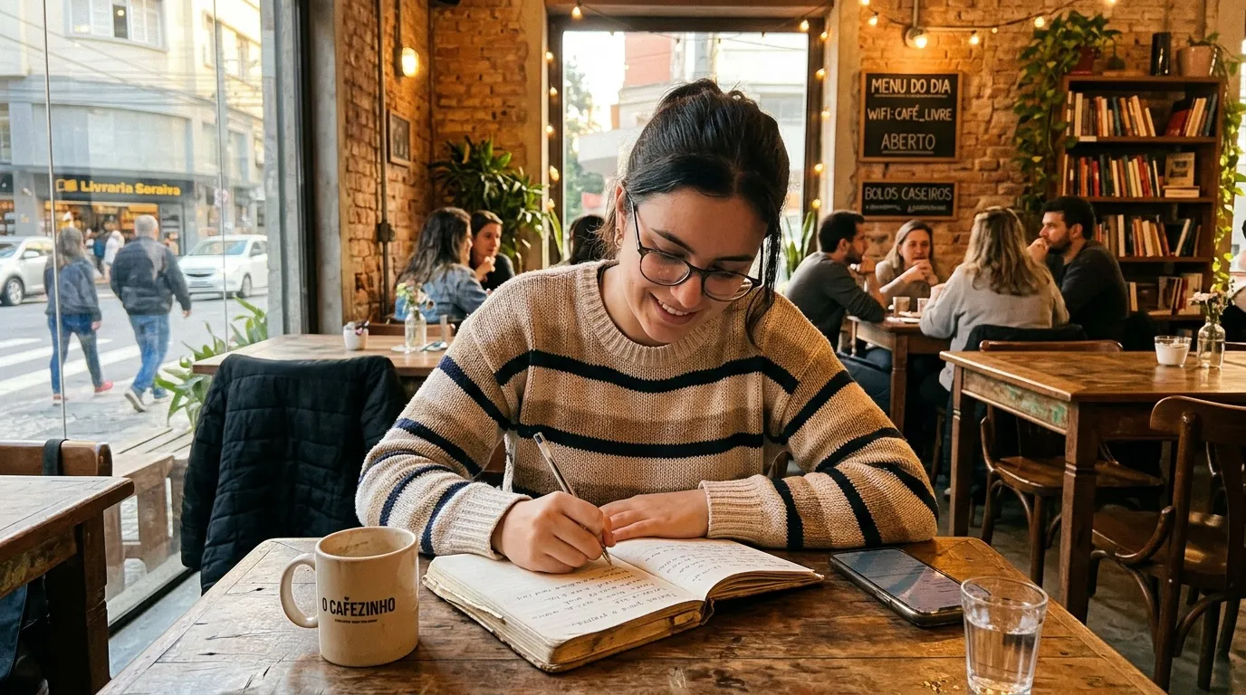 Jeune femme &eacute;crivant dans un caf&eacute; cosy avec caf&eacute;